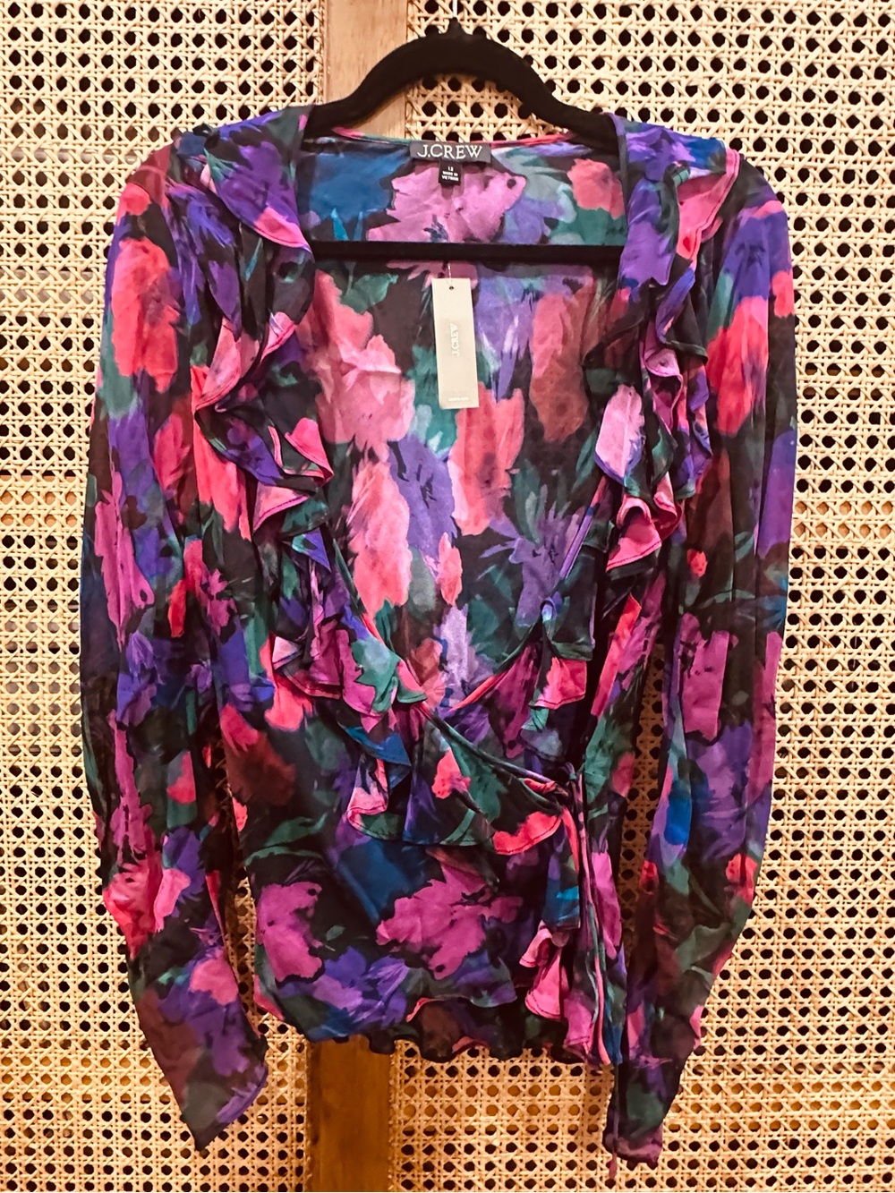 J. Crew Purple Floral Ruffle Wrap Top NWT sz 12